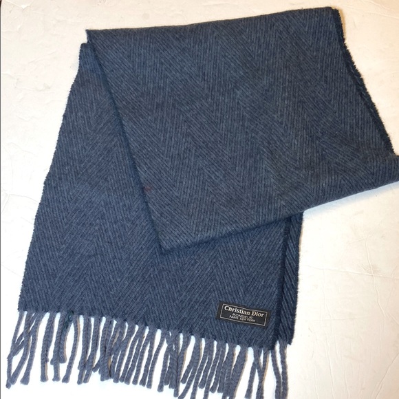 VTG Christian Dior Monsieur Chewron Knit Grayish Blue Wool Fringe Scarf - Picture 1 of 3